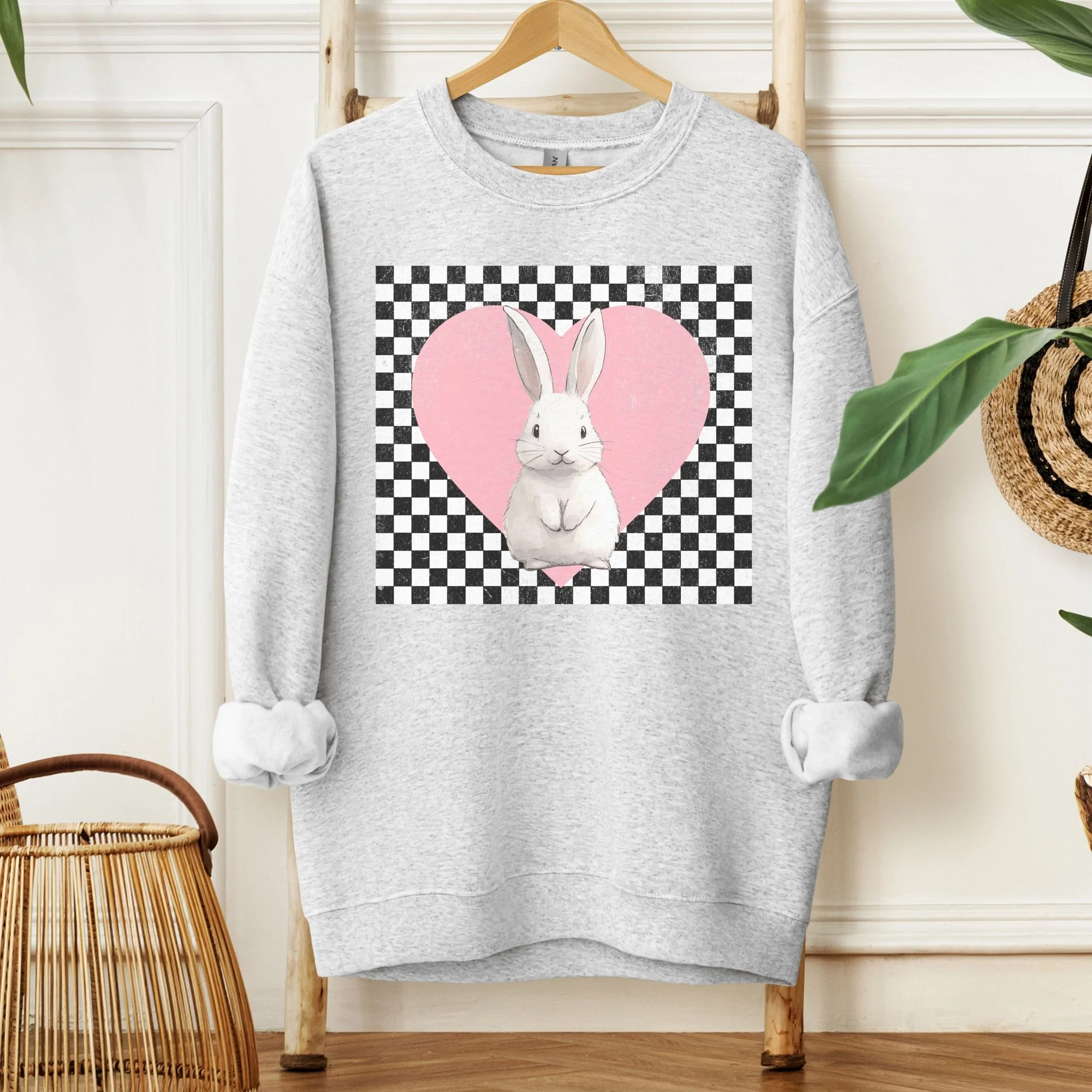 Retro Checkered Heart with Bunny Unisex Sweatshirt - Image 4
