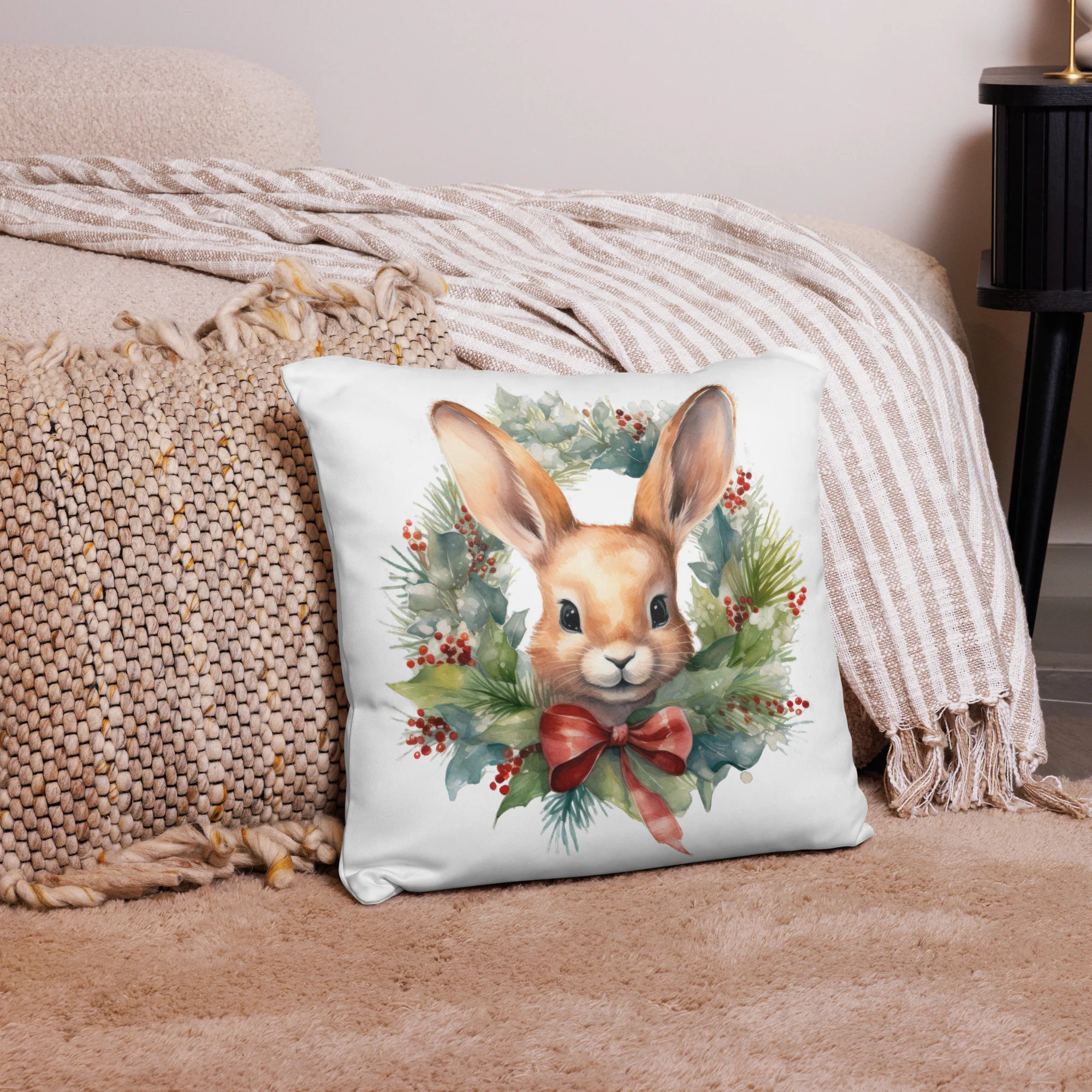 Wreath & Rabbit Christmas Pillow - Image 3